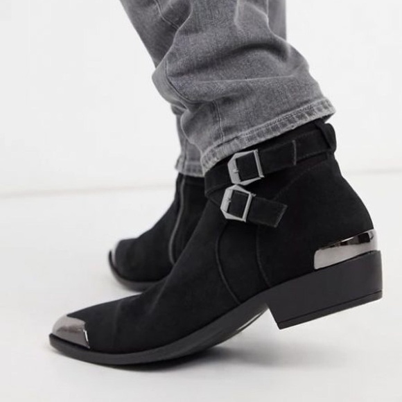 NWOT — Western Chelsea Black Suede Boots with Buckle and Metallic Accent Size 12 - Picture 1 of 11